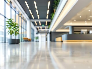 A spacious, well-lit office area featuring sleek furniture and design elements. The space includes various workstations and a reception desk.