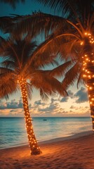 Palm Trees Adorned with String Lights on a Tropical Beach at Sunset