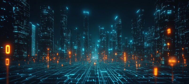 Futuristic Smart City Skyline with Digital Data Flow, Big Data, and Internet of Things