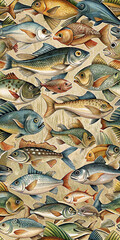 A seamless pattern of different types of blue fishes, drawn in a detailed, sketch-like style. Perfect for wallpapers, textiles, or aquatic-themed designs