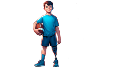Jugentlicher mit einer Beinprothese spielt american football. Volle Teilhabe am normalen Leben.