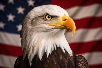 Bald eagle with sharp eyes, white head and american flag background. Perfect for patriotic designs and American themed projects. Generative AI