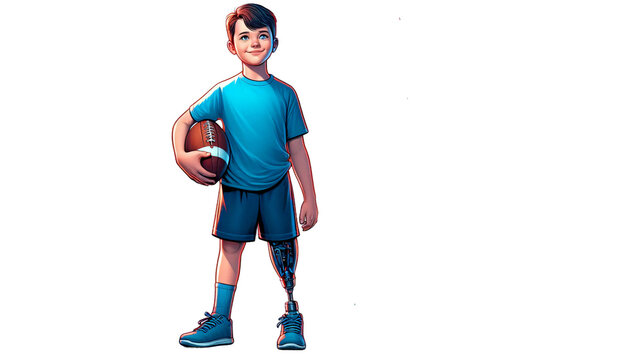 Jugentlicher mit einer Beinprothese spielt american football. Volle Teilhabe am normalen Leben.