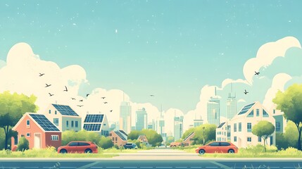 A clean, tranquil scene showing a modern city with electric cars, green rooftops, and solar panels under a clear, pollution-free sky. Gentle clouds and birds in the distance enhance the idea of low en