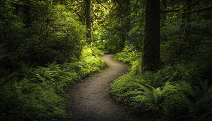 Fototapeta premium A serene winding path through a lush green forest, inviting exploration and tranquility.
