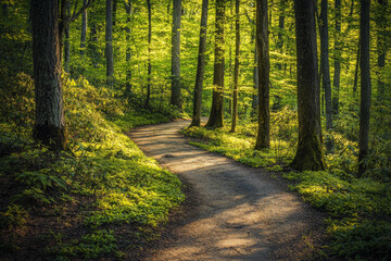 Obraz premium A serene winding path through a lush green forest, inviting exploration and connection with nature.