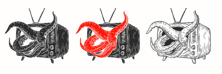 Octopus tentacles emerge from tv in hand drawn vintage monochrome style. Creative retro vector illustration monster for print or tattoo. © vvvisual