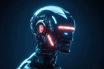 Fototapeta premium Cyberpunk robot with glowing red visor in dark.