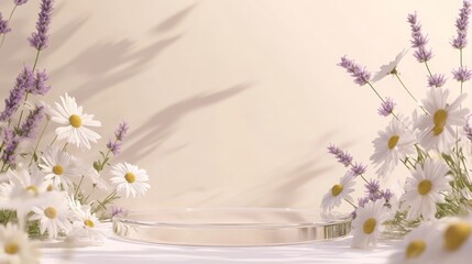 A calming composition features vibrant white daisies and soft lavender blossoms arranged harmoniously on a light background
