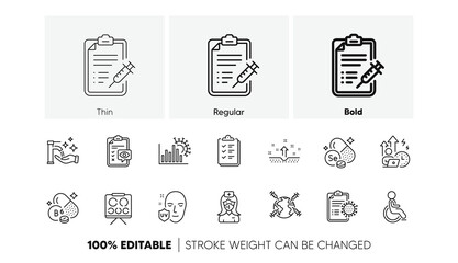 Difficult stress, World vaccination and Coronavirus report line icons. Pack of Selenium mineral, Disability, Vision board icon. Vaccine report, Washing hands, Eye checklist pictogram. Vector