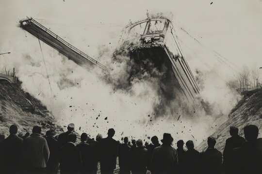 Spectacular scene of a bridge demolition. Watch as dust and debris rise into the air. Onlookers capture the moment in excitement. This is urban transformation. Generative AI