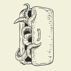 Octopus tentacles emerge from refrigerator in hand drawn outline monochrome style. Creative retro vector illustration monster for print or tattoo. © vvvisual
