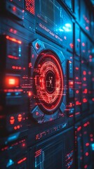 Red and blue futuristic technological interface with digital display.