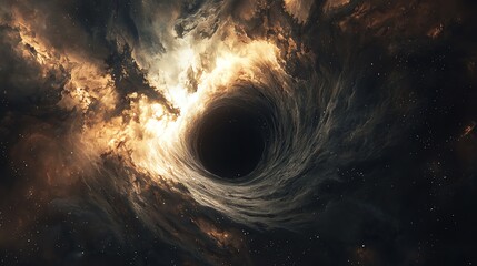 A swirling nebula surrounds a dark, enigmatic black hole.