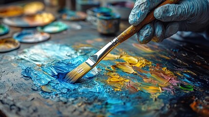 Fototapeta premium An AI bot creatively working with a paintbrush in an artist studio, symbolizing the fusion of artificial intelligence and human creativity.