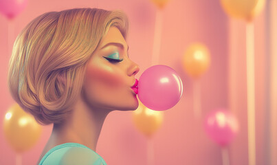 Naklejka premium An illustrated portrait of a young blonde girl with short hair and fashion-forward makeup, blowing pink bubble gum balloons. copy space