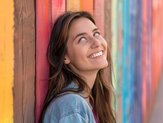 Naklejka premium Young woman smiling against a bright, colorful wall. Happy and joyful expression.