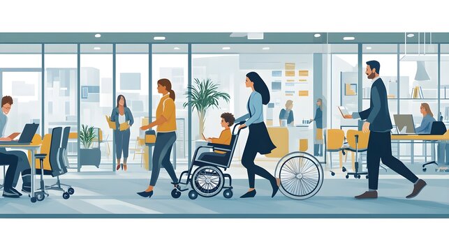 Office scene, mother pushing her disabled child's wheelchair past busy colleagues, symbolizing work-life balance and inclusive environments