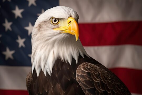 Bald eagle with sharp eyes, white head and american flag background. Perfect for patriotic designs and American themed projects. Generative AI