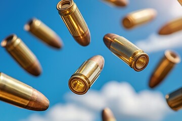 Dynamic image of flying bullets against a vibrant blue sky, symbolizing action and intensity in a modern context.