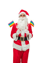 vertical Santa Claus holding two colorful LGBTQ flags in support of gay community white background