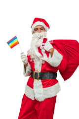vertical Santa Claus holding a rainbow LGBTQ flag while carrying a sack of gifts white background