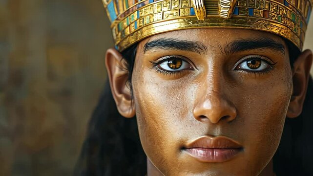 A close-up portrait of a young person wearing a golden crown with intricate details
