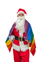 vertical Bearded Santa Claus wrapped in a rainbow LGBTQ flag white background
