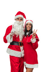 vertical Santa Claus and his wife hugging and waving at the camera white background