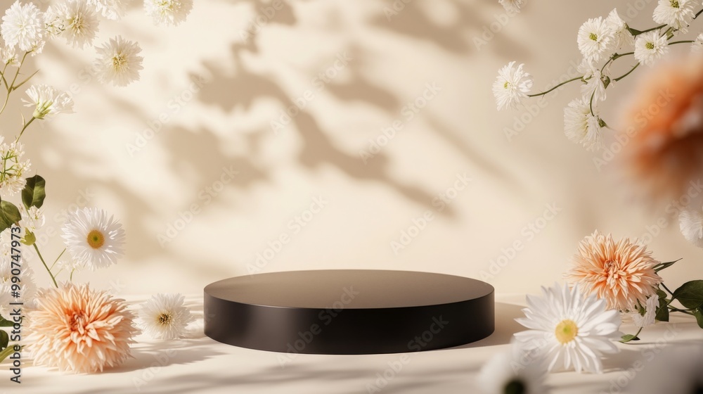 Poster a round, dark display platform rests in the center, elegantly surrounded by various flowers. soft, d