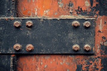 Vintage industrial rusted metal bolted pipe support with weathered paint and rivets.
