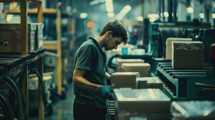 A worker focused on packing boxes in a warehouse setting, with shelving and machinery in the background.