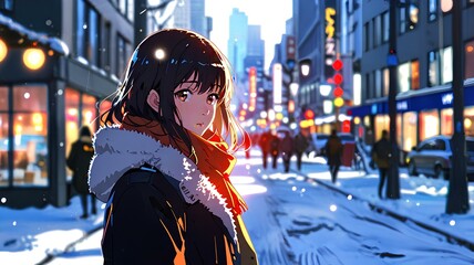 Winter cityscape and anime style woman.
