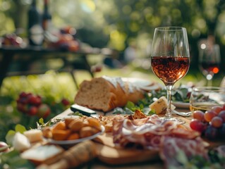 A delightful outdoor picnic featuring a variety of cheeses, bread, cold cuts, fruits, and wine. A relaxing and inviting scene for food enthusiasts.