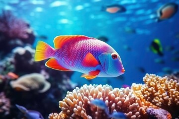 A tropical underwater scene features a coral reef teeming with colorful fish under vibrant sunbeams. Perfect for marine themed designs. Generative AI