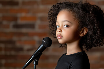 A confident young girl stands with a microphone, ready to express herself on stage amidst a rustic brick background.