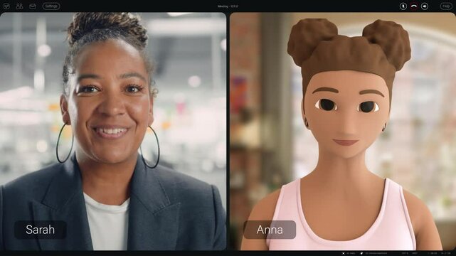 Professional Woman and Animated Avatar Engage in a Virtual Meeting, Advanced Video Conferencing Technology. Split-screen Software Interface Real-time Interaction and Digital Collaboration Tool
