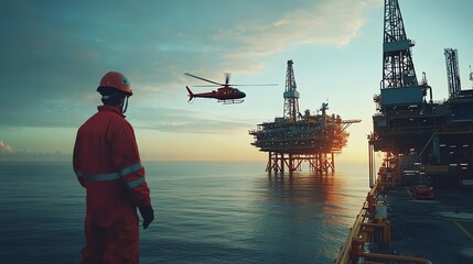 Worker on an offshore oil rig watches a helicopter.
