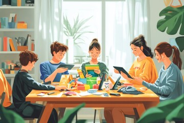 Obraz premium A group of young people gathers around a big table. They share creativity and ideas. Artistic activities bring joy and connection. Together they create magic. Generative AI