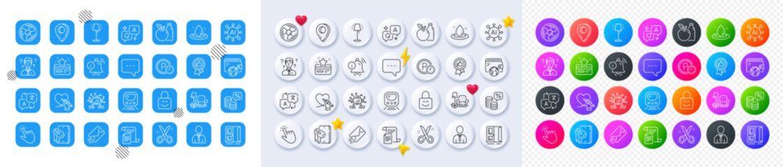 Social care, Information bell and Lock line icons. Square, Gradient, Pin 3d buttons. AI, QA and map pin icons. Pack of Parking time, Positive feedback, Money tax icon. Vector