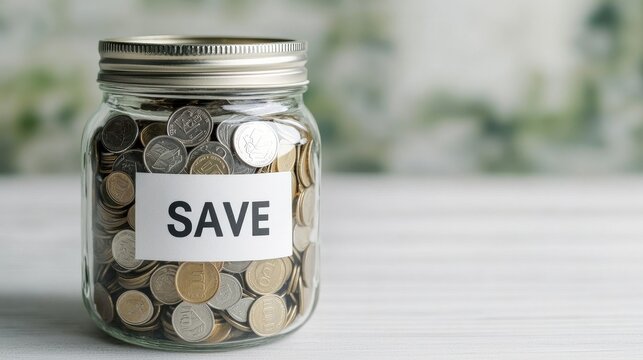 Savings jar filled with coins, focus on finance and saving money.