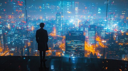 Business professionals utilize futuristic network screens against a night city backdrop, emphasizing the importance of technology in urban settings.