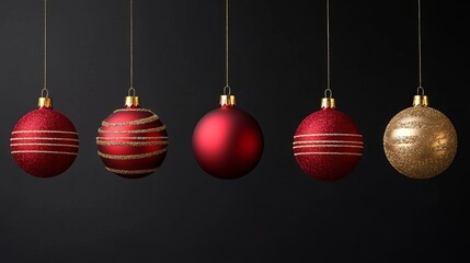Minimalist 3D Christmas baubles in red and gold, hanging in mid-air on a deep black background, elegant holiday vibe