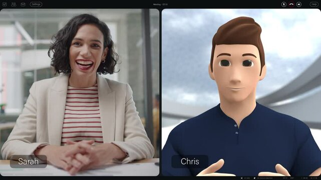 Professional Woman and Animated Avatar Engage in a Virtual Meeting, Advanced Video Conferencing Technology. Split-screen Software Interface Real-time Interaction and Digital Collaboration Tool