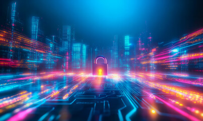 Fototapeta premium Glowing digital padlock symbolizing cybersecurity in a futuristic, high-tech environment
