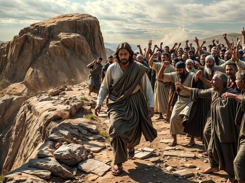 Gospel Images from the Bible NT - People of Nazareth want to throw Jesus off cliff