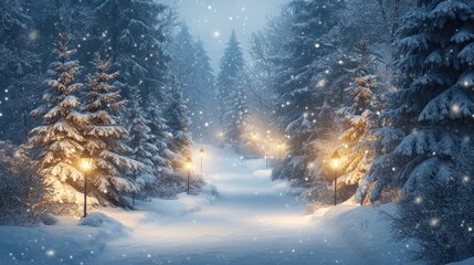 Snowy Forest Path with Illuminated Lanterns