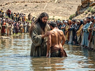 Gospel Images from the Bible NT - John the Baptist baptizing people in the Jordan River