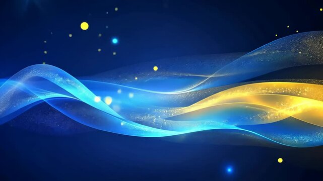 Abstract blue and yellow waves with small glowing lights on a dark background