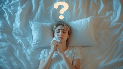 Confused Woman with Tissue and Question Mark